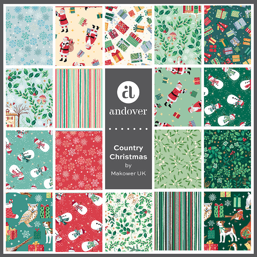 A Charming Christmas collection featuring festive illustrations of Santa, snowmen, winter cottages, woodland animals, holly, berries, snowflakes & stars. A soft palette of sage and hunter greens, reds, creams, & teal creates a warm winter feel. 