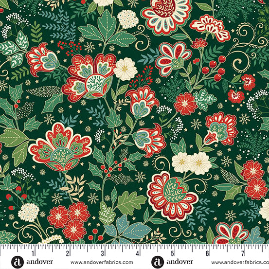 Bloom Green from the Adorn collection by Makower Fabrics is an elegant festive quilting cotton featuring a rich green background decorated with blooming red and white flowers, leafy foliage, fern-like sprigs, small snowflake details, and metallic gold accents. The print has a sophisticated Christmas feel, combining traditional holiday colours with a refined botanical style.

Printed on 100% cotton, this fabric is ideal for Christmas quilts, table runners, stockings, cushions, festive décor, and seasonal sew