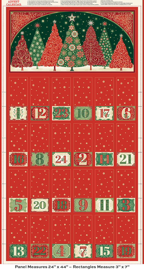 Create a beautiful festive Advent calendar with this charming panel from the Adorn collection by Makower UK for Andover Fabrics. Featuring a rich red background with elegant Christmas trees and seasonal motifs in classic red, green, and gold tones.