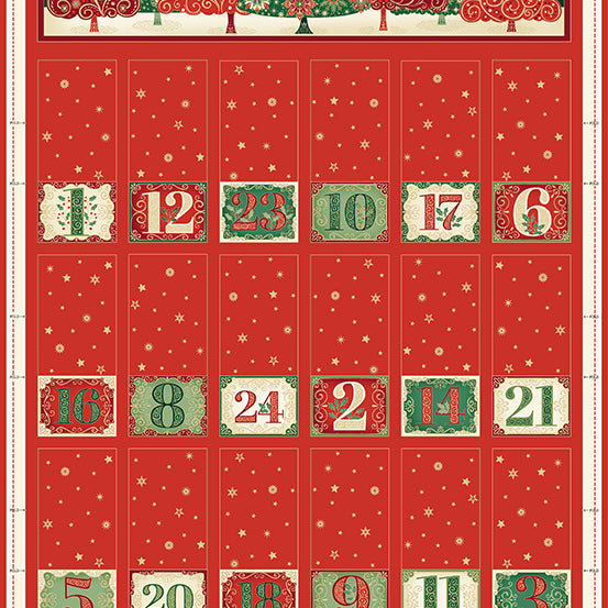 Create a beautiful festive Advent calendar with this charming panel from the Adorn collection by Makower UK for Andover Fabrics. Featuring a rich red background with elegant Christmas trees and seasonal motifs in classic red, green, and gold tones.