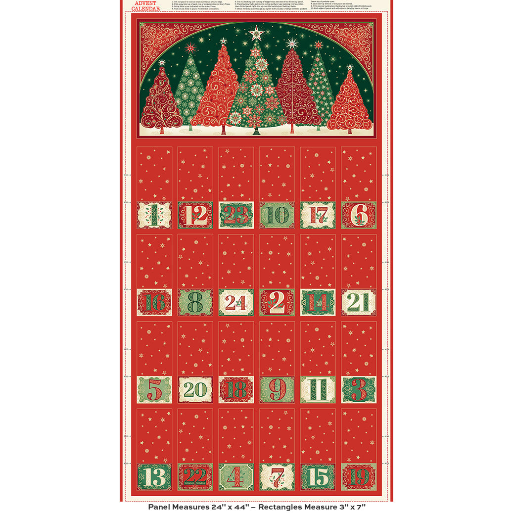 Create a beautiful festive Advent calendar with this charming panel from the Adorn collection by Makower UK for Andover Fabrics. Featuring a rich red background with elegant Christmas trees and seasonal motifs in classic red, green, and gold tones.