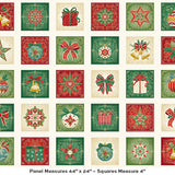 A festive Christmas panel featuring 4" squares of charming holiday designs in rich red, green, and gold tones on a soft cream background