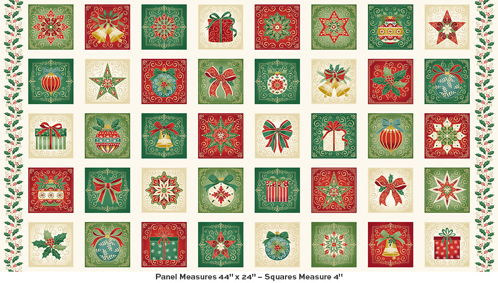 A festive Christmas panel featuring 4" squares of charming holiday designs in rich red, green, and gold tones on a soft cream background