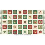A festive Christmas panel featuring 4" squares of charming holiday designs in rich red, green, and gold tones on a soft cream background