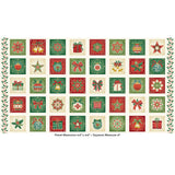 A festive Christmas panel featuring 4" squares of charming holiday designs in rich red, green, and gold tones on a soft cream background