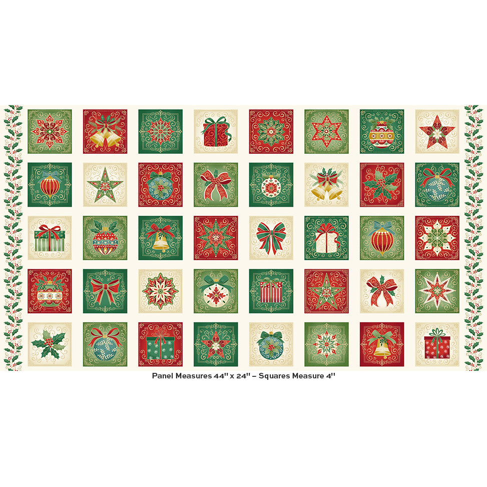 A festive Christmas panel featuring 4" squares of charming holiday designs in rich red, green, and gold tones on a soft cream background