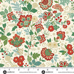 Bloom Cream from the Adorn collection by Makower Fabrics is an elegant festive quilting cotton featuring a cream background decorated with red, green and soft biscuit floral blooms, leafy foliage, and delicate metallic detailing. The design has a refined Christmas feel, blending traditional seasonal colours with a sophisticated botanical style.