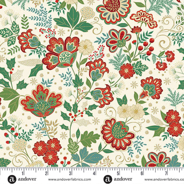 Bloom Cream from the Adorn collection by Makower Fabrics is an elegant festive quilting cotton featuring a cream background decorated with red, green and soft biscuit floral blooms, leafy foliage, and delicate metallic detailing. The design has a refined Christmas feel, blending traditional seasonal colours with a sophisticated botanical style.