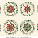 Circles Cream from Makower’s Adorn collection is a festive coordinate print featuring decorative circular motifs scattered across a soft cream background. The design includes small patterned circles in traditional Christmas shades of red, green, teal and sage.