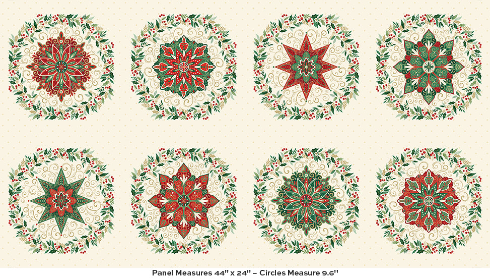 Circles Cream from Makower’s Adorn collection is a festive coordinate print featuring decorative circular motifs scattered across a soft cream background. The design includes small patterned circles in traditional Christmas shades of red, green, teal and sage.