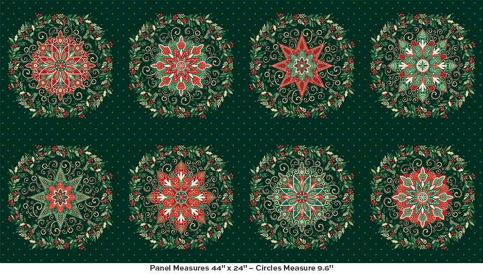 Circles Green is a festive Panel featuring small decorative circular motifs scattered across a rich green background. Design has a charming Christmas feel with patterned circles.