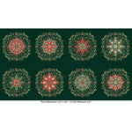 Circles Green is a festive Panel featuring small decorative circular motifs scattered across a rich green background. Design has a charming Christmas feel with patterned circles.