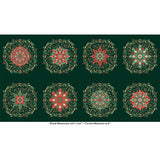 Circles Green is a festive Panel featuring small decorative circular motifs scattered across a rich green background. Design has a charming Christmas feel with patterned circles.
