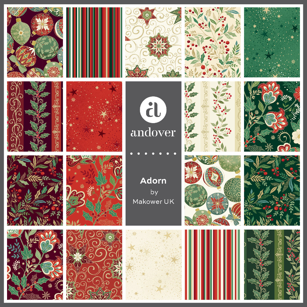 Adorn by Makower UK is a festive quilting fabric collection with holly, stars and gold accents.