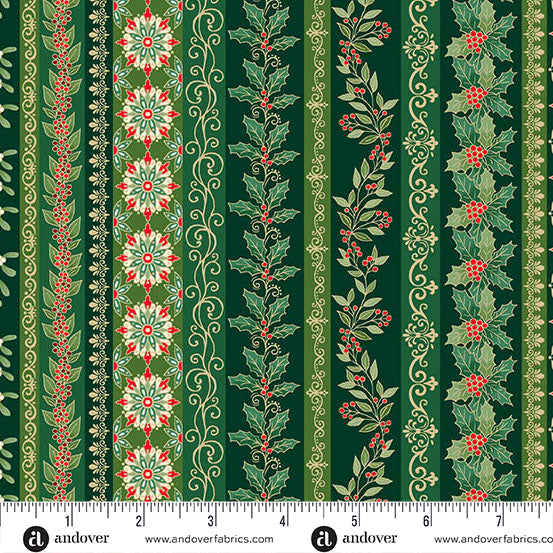 Garland Stripes Green from Makower’s Adorn collection is a festive Christmas stripe print featuring decorative garland-style bands on a rich green background. The design has a classic seasonal feel, with ornamental details that add movement and interest while still working as a versatile coordinate.

The deep green colourway gives this fabric a traditional holiday look, making it ideal for Christmas quilts, borders, bindings, sashing, stockings, table runners, bunting, gift bags and festive home décor. 