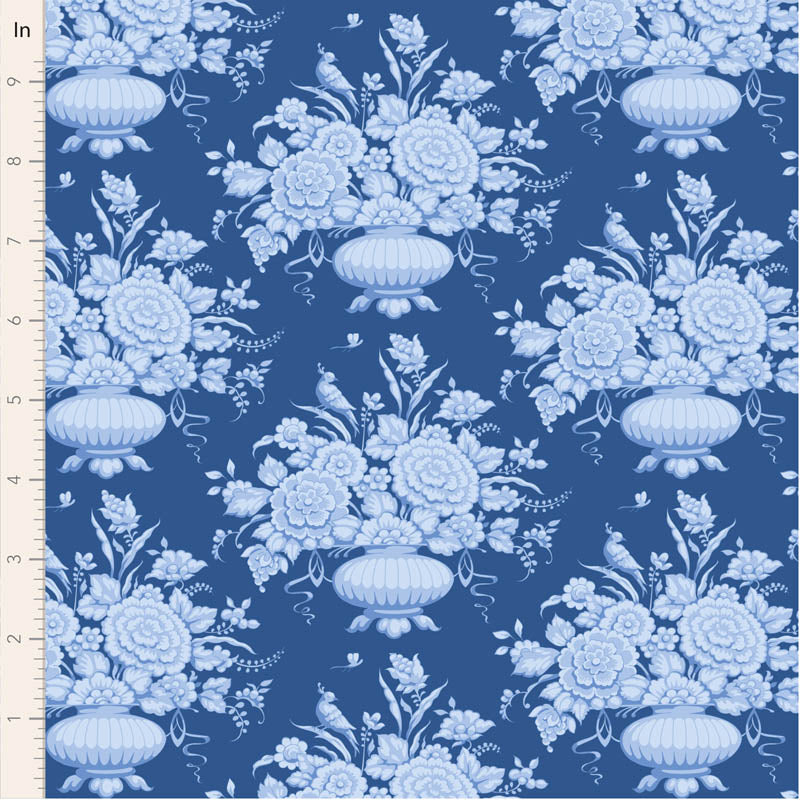 Blue floral fabric featuring ornate vases filled with abundant flowers, delicate birds and decorative details in layered shades of blue, cream and soft grey on a deep denim background.