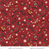 Red fabric with a repeating Christmas pattern featuring green holly leaves, white snowflakes, gold bells, candy canes, wreaths, and bows.