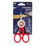 Klasse brand red-handled embroidery scissors with a silver blade, packaged on a dark blue and gold cardboard backing that reads 'Embroidery Scissors 130mm (5 1/2")'.