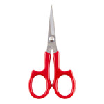 Red-handled embroidery scissors with silver metal blades, shown against a plain white background.