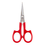 Red-handled embroidery scissors with silver metal blades, shown against a plain white background.