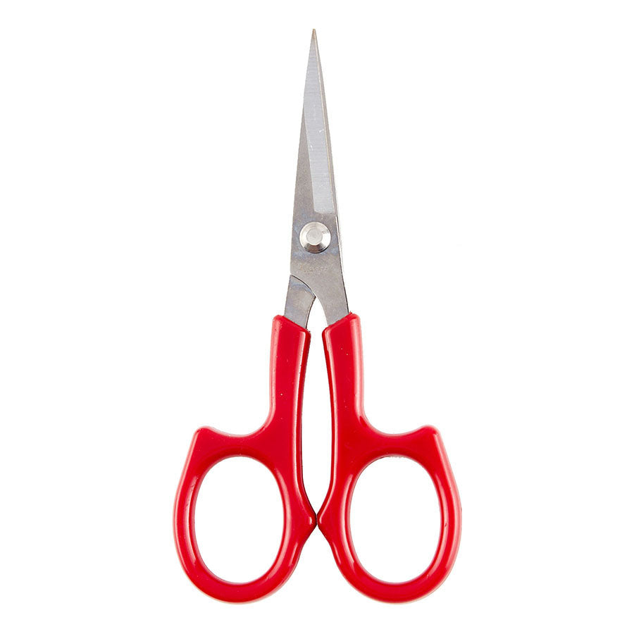 Red-handled embroidery scissors with silver metal blades, shown against a plain white background.