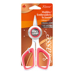 Klasse Embroidery Scissors in pink and white, packaged on an orange and brown cardboard backing card with product details.