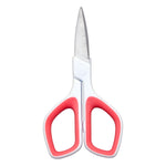 A pair of safety embroidery scissors with white plastic handles featuring bright pink inner grips and silver metal blades, shown against a plain white background.