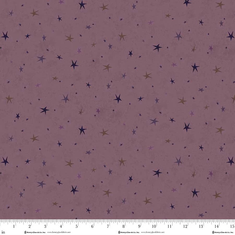 Seeing Stars Basic Purple fabric featuring scattered plum, mauve, taupe and charcoal stars on a muted dusty purple background.