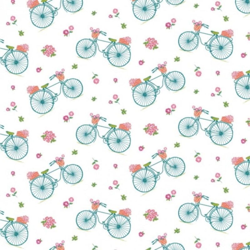 Nutex Floral Dreams Bikes White cotton fabric featuring colourful floral bicycles scattered across a white background.