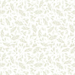 Branches White fabric featuring delicate pale sage evergreen sprigs and tiny berries scattered across a white background.