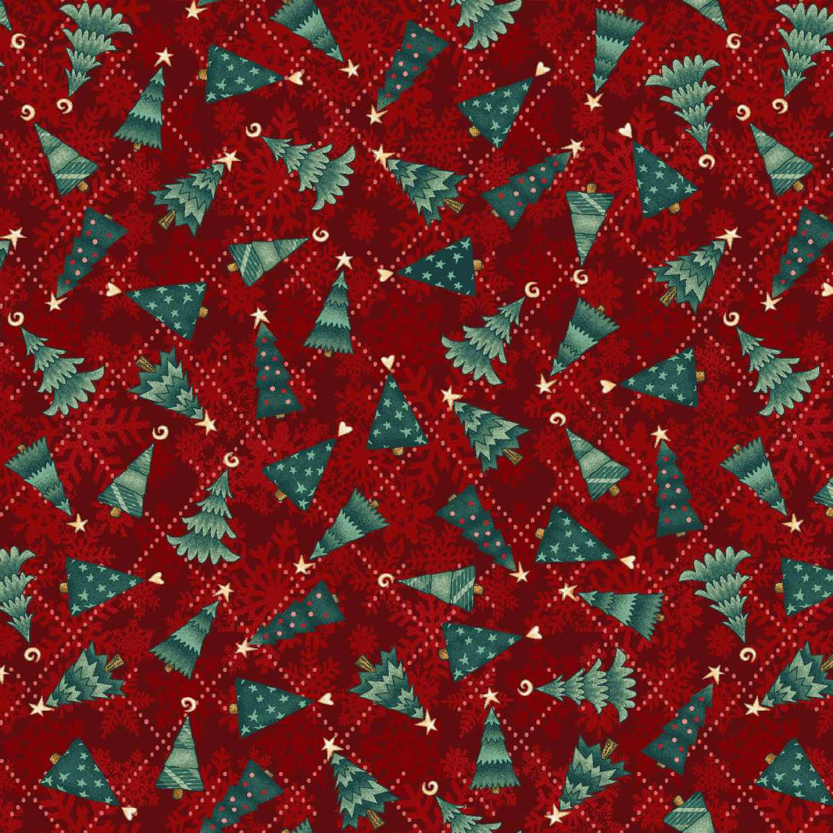 Red Christmas quilting cotton fabric featuring decorated evergreen trees scattered across a bright red background with small snowflakes and a dotted diamond pattern.
