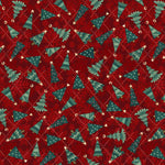 Red Christmas quilting cotton fabric featuring decorated evergreen trees scattered across a bright red background with small snowflakes and a dotted diamond pattern.