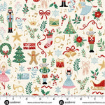 A cheerful festive novelty print featuring scattered Nutcracker-inspired Christmas icons on a soft cream background. Design includes toy soldiers, ballerinas, Christmas trees, stockings, drums, trumpets, candy canes, presents, bells, wreaths, stars, holly sprigs, music notes, and ribbon details. M223Q