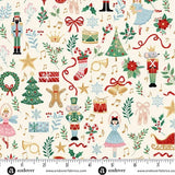 A cheerful festive novelty print featuring scattered Nutcracker-inspired Christmas icons on a soft cream background. Design includes toy soldiers, ballerinas, Christmas trees, stockings, drums, trumpets, candy canes, presents, bells, wreaths, stars, holly sprigs, music notes, and ribbon details. M223Q