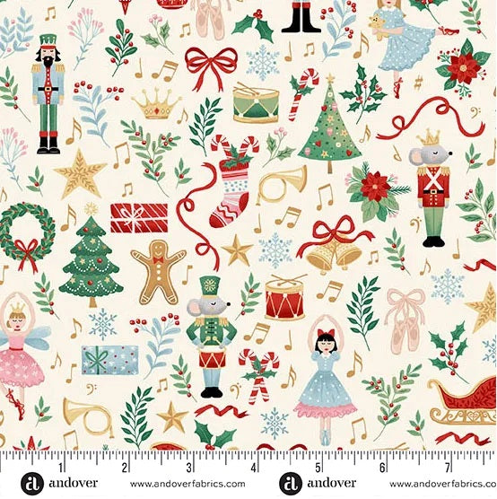 A cheerful festive novelty print featuring scattered Nutcracker-inspired Christmas icons on a soft cream background. Design includes toy soldiers, ballerinas, Christmas trees, stockings, drums, trumpets, candy canes, presents, bells, wreaths, stars, holly sprigs, music notes, and ribbon details. M223Q