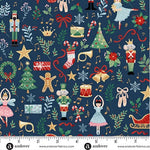 A festive novelty print featuring a scattered mix of Nutcracker-inspired Christmas icons on a deep navy background. Design includes toy soldiers, ballerinas, drums, trumpets, stockings, candy canes, Christmas trees, wreaths, stars, presents, bells, holly sprigs, snowflakes, music notes, and red ribbon details. M223B