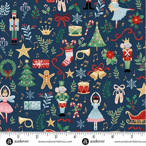 A festive novelty print featuring a scattered mix of Nutcracker-inspired Christmas icons on a deep navy background. Design includes toy soldiers, ballerinas, drums, trumpets, stockings, candy canes, Christmas trees, wreaths, stars, presents, bells, holly sprigs, snowflakes, music notes, and red ribbon details. M223B