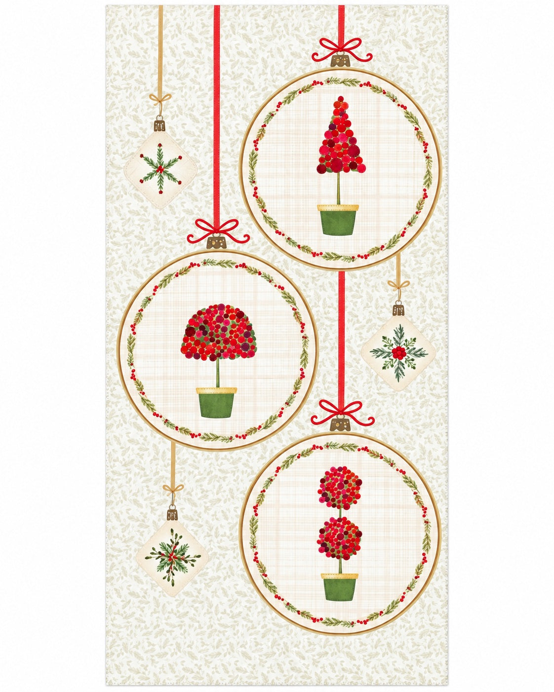 Very Berry Christmas fabric panel featuring three hanging hoop ornaments with red berry topiary trees, green pots, red bows and smaller botanical Christmas decorations on a cream foliage background.