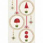 Very Berry Christmas fabric panel featuring three hanging hoop ornaments with red berry topiary trees, green pots, red bows and smaller botanical Christmas decorations on a cream foliage background.