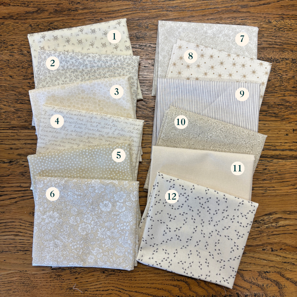 Cream toned low volume fabric bundle with 12 fat quarters