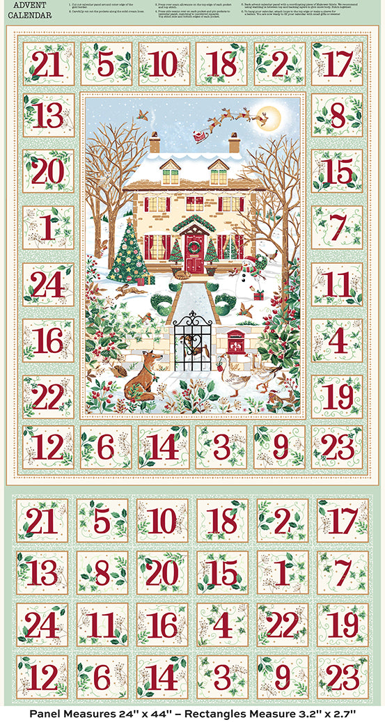 Country Christmas Advent Calendar Panel in Pale Green with Christmas Cottage Scene