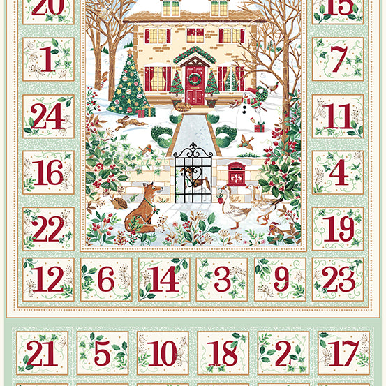 Country Christmas Advent Calendar Panel in Pale Green with Christmas Cottage Scene