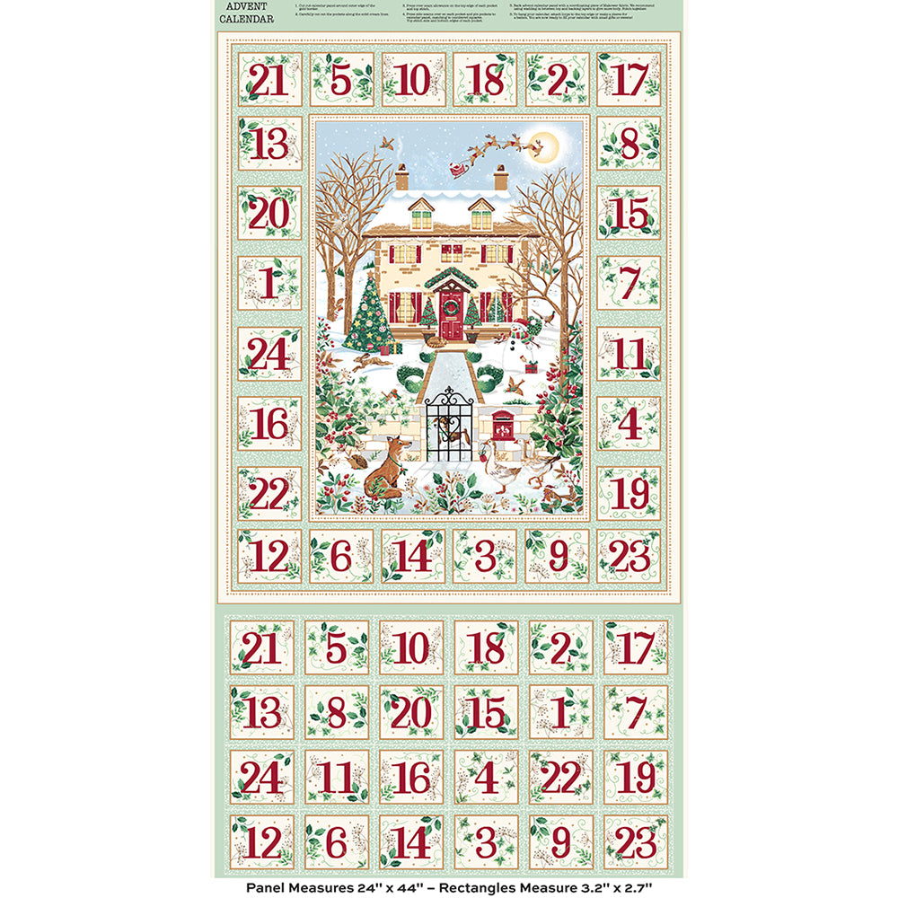 Country Christmas Advent Calendar Panel in Pale Green with Christmas Cottage Scene
