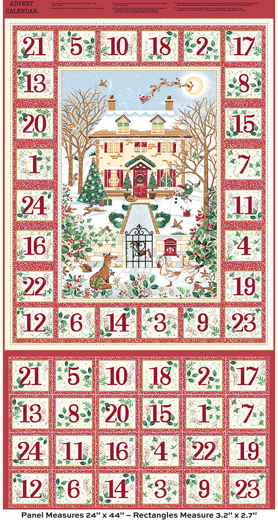 Country Christmas Advent Calendar Panel in Red with Christmas Cottage Scene