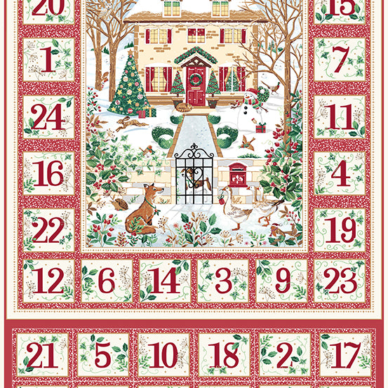 Country Christmas Advent Calendar Panel in Red with Christmas Cottage Scene