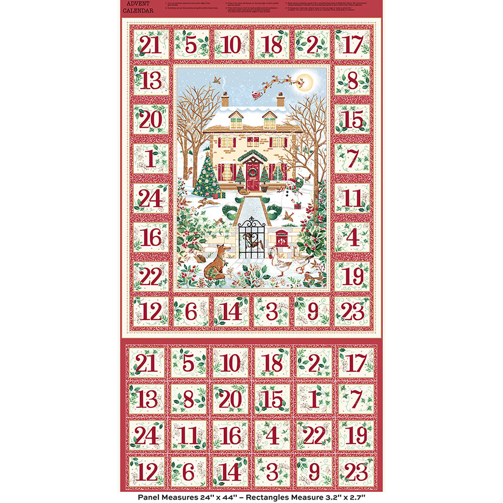 Country Christmas Advent Calendar Panel in Red with Christmas Cottage Scene
