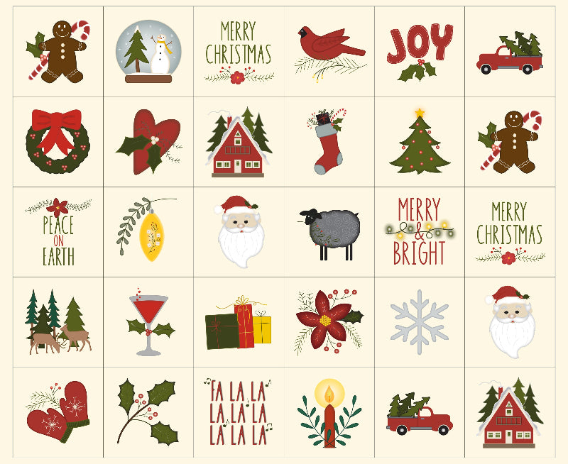 Joyful Gatherings II Christmas block fabric by Primitive Gatherings for Moda, featuring festive motifs and holiday sayings on a cream background, SKU 49302-11.