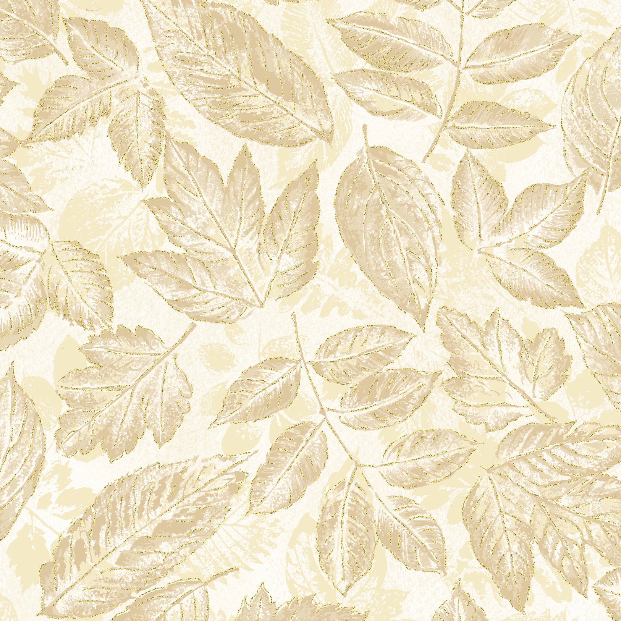 Cream fabric with layered beige and ivory leaves and branches, highlighted with delicate metallic gold outlines and accents. Cream Gold Elegant Leaf Toss In A Pear Tree Hoffman.