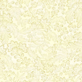 Soft cream fabric with metallic gold flowers, leafy branches and finely dotted botanical motifs in an elegant all-over floral design. 