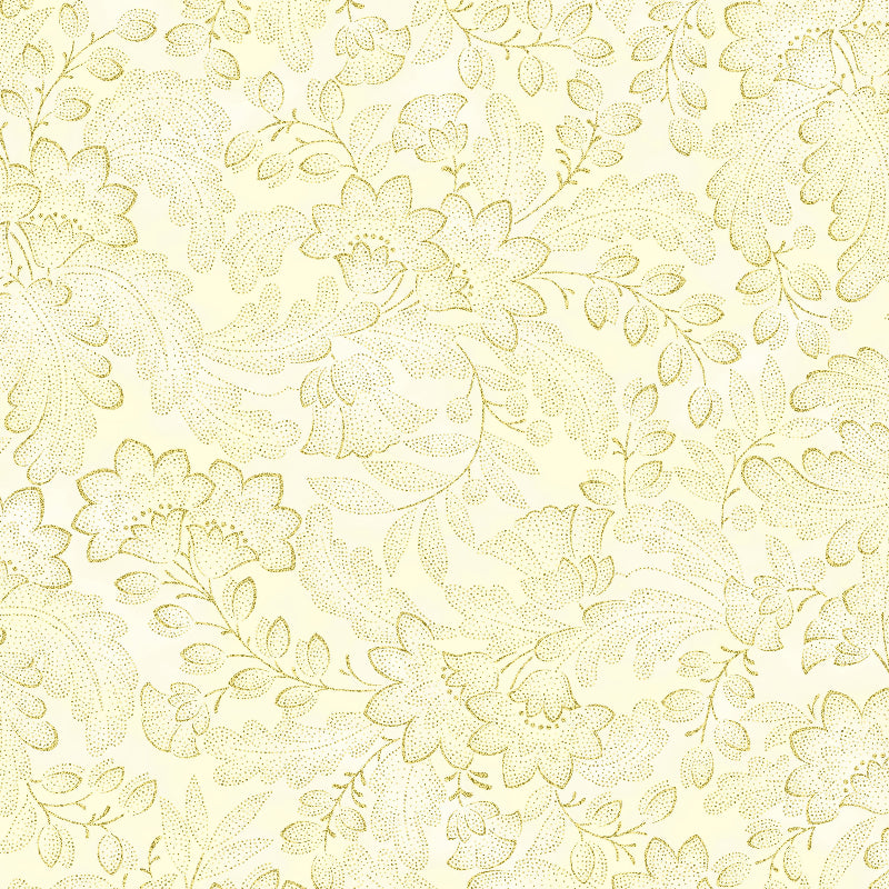 Soft cream fabric with metallic gold flowers, leafy branches and finely dotted botanical motifs in an elegant all-over floral design. 